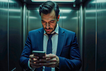 Professional Businessman Checking Phone in a Modern Elevator