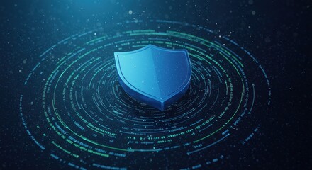 Blue shield with data streams on dark background