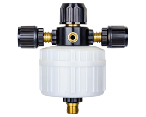 Inline water filter and pressure reducer with black control knobs on a transparent background