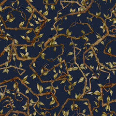 watercolor hand drawn seamless twisted branches pattern on dark blue background perfect for Halloween fabric, packaging, wrapping paper, and gothic surface design, home decor, wallpaper, invitations 