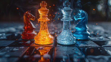 Fiery and icy themed chess pieces clashing on a glossy board under controlled studio lighting, with sharp textures and cinematic contrast at the center point