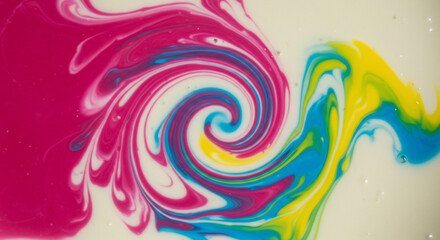 Abstract swirling pattern of pink, yellow, and blue paints mixing in a white liquid, creating a vibrant and dynamic visual.