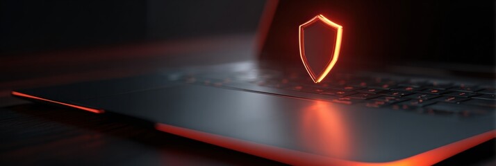 Fake Security Update Notification on Laptop Screen With Glowing Red Shield on a Clean Surface in Dim Light at Night