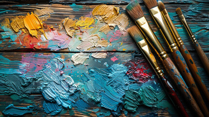 Top-down view of watercolor paint palette, natural hair brushes, and water jar on rustic wooden table, soft daylight and creative artist setup