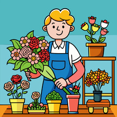 Young male florist arranging flowers in a shop. Friendly florist holding flowers and preparing bouquets on a shop counter. with various flower arrangements displayed around him.