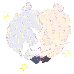 Two cute sheep sleeping together. Heart-shaped. Fluffy. Delicate pastel colors. Stars. Vector hand-drawn illustration, unique stylization. Print on clothes, cups, sketchbooks, cards, stickers, pins.💞