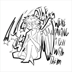 Fallen angel among falling stars. Symbolism, metaphors. Vector drawn illustration, cute stylization, line art. Sketch for tattoo. Print for clothes, cups, sketchbooks, stickers, pins.