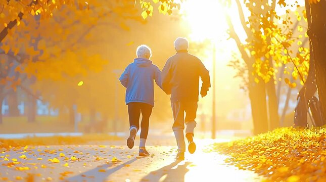 A couple is running in a park. The man is wearing a blue jacket