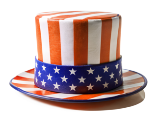 An uncle sam hat with red and white stripes and a blue band with stars isolated on transparent background