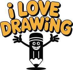 Happy pencil character and I love drawing text vector