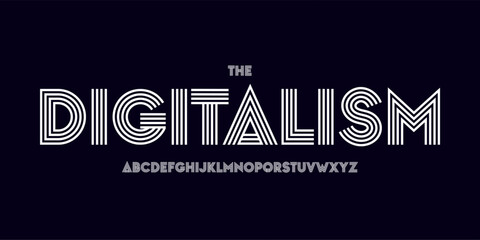 Retro modern logo font, striped geometric alphabet. Bold vintage typeface for music headline, synthwave poster, nightlife branding, disco stream design, 80s interface, EDM, sport. Vector typography