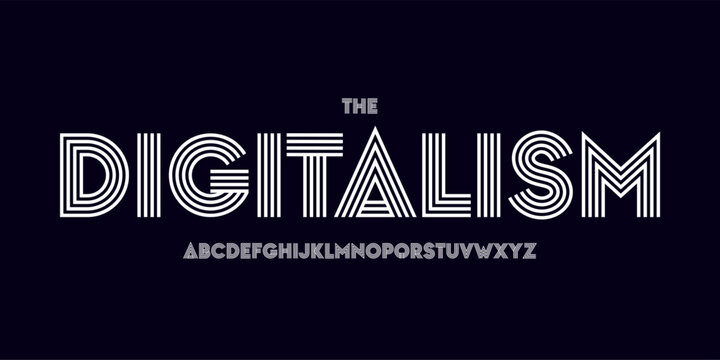 Retro modern logo font, striped geometric alphabet. Bold vintage typeface for music headline, synthwave poster, nightlife branding, disco stream design, 80s interface, EDM, sport. Vector typography