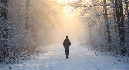 Winter Solitude: Figure Walking Through Snowy Forest