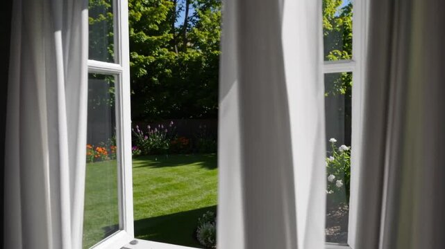Open white window with flowing curtains and sunlit garden background