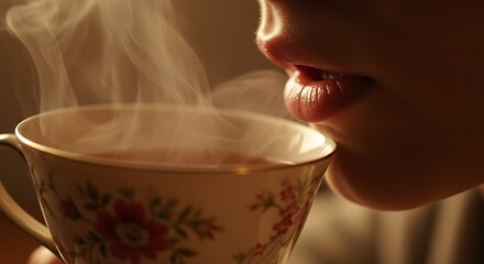 Warmth of Tea: Close-Up of Lips and Steaming Cup