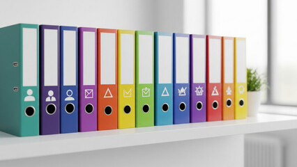 Labeled colorful folders on shelf symbolizing diversity of roles, structure, and teamwork alignment in organized workspace