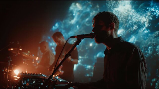 Live Indie Band Performances in Concert with Dynamic Backdrop Light Show and Musicians Playing Keyboard Drums Guitar On Stage in Atmospheric Colorful Lighting Setting with Blue and Orange Effects