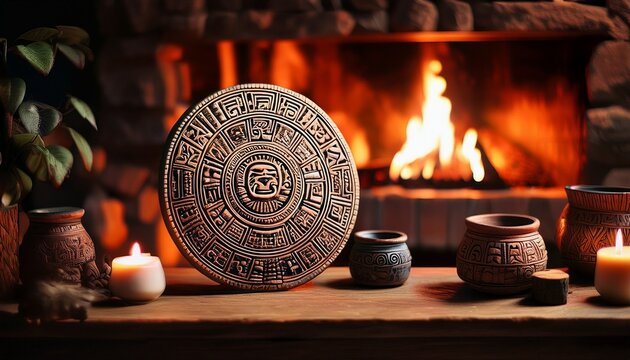 ancient mayan calendar on rustic table by cozy fireplace
