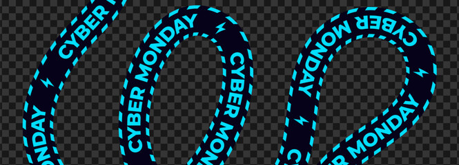 Cyber Monday Sale Ribbon Banner with Turquoise Text on Black Tape. Wavy Striped Advertising Design Isolated on White Background for Ecommerce, Promotions, and Shopping Ads. Vector Illustration