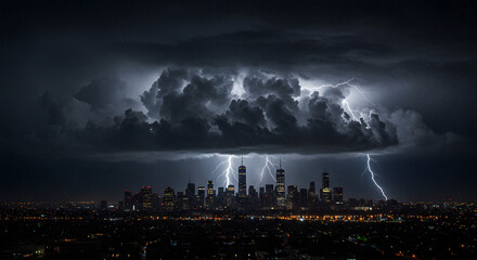 Thunderstorm over urban skyline with lightning and dark clouds  