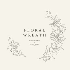 Floral frame, wreath in line art style. Hand drawn delicate minimal simple flowers, leaves and branches. Vector illustration for logo or tattoo, save the date card, wedding invitation