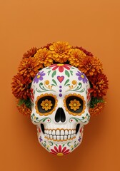 Decorated Sugar white skull with colorful cempasuchil or marigold flowers on an orange background for Day of the Dead celebration, a Mexican holiday. Dia De Los Muertos Celebration.