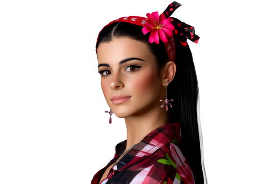 Portrait of a woman with a flower in her hair and vibrant clothing