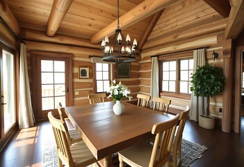 Rustic Dining Room with Log Walls and Wooden Furniture