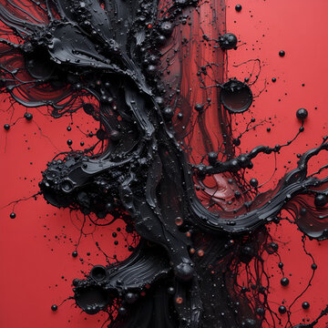 Black nacreous paint in water against red background.