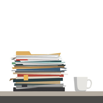 A high stack of papers and folders, with a cup of coffee, signifying a cluttered workspace.