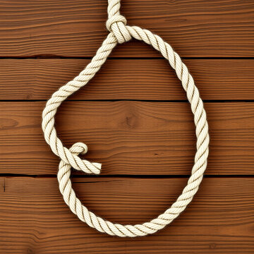 Rope noose on wooden table, top view. Space for text