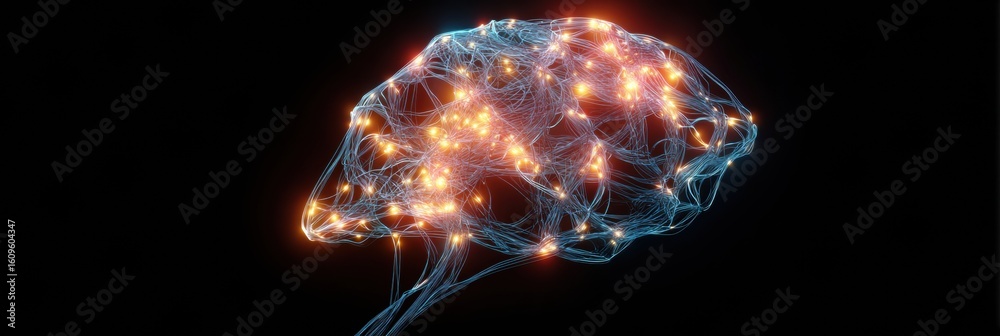 Poster tangled wires and glowing leds form a brain in dark space with minimal ambient light highlighting in