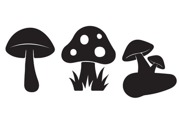 Cartoon vector mushrooms clipart, doodle icon set. Black silhouettes isolated on white background. Black Mushroom icon set. Vector illustration.