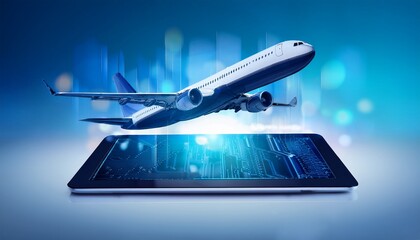 airplane hovers over tablet modern travel booking app concept online ticket reservation service flight booking tech airline digital interface travel agency convenience virtual digital