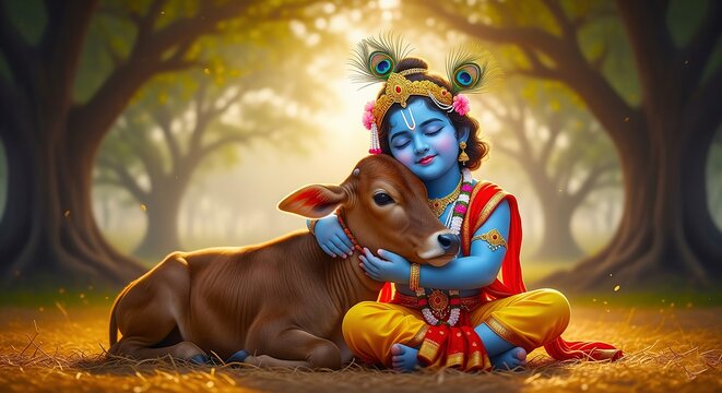 A digital illustration of the young Hindu deity Lord Krishna lovingly hugging a calf in a serene forest with beautiful light.