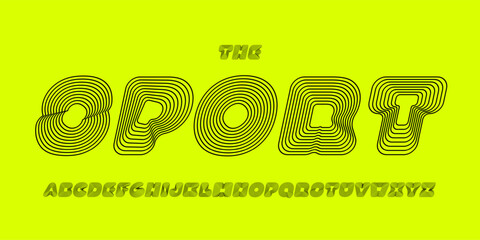 Linear psychedelic bold font. Futuristic layered alphabet for groovy headline in posters, typographic logo, sport team branding, music fest events, EDM title. Vector typeset