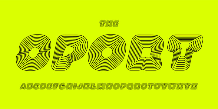 Linear psychedelic bold font. Futuristic layered alphabet for groovy headline in posters, typographic logo, sport team branding, music fest events, EDM title. Vector typeset