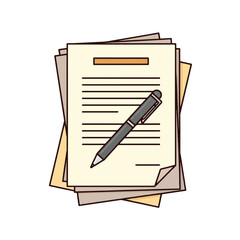 A stack of documents with a pen resting on top, suggesting writing, paperwork, or official records.