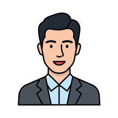 A smiling cartoon depiction of a man wearing a suit jacket and a light blue collared shirt.