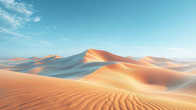 Wide view of soft beige sand dunes with curved shapes and long shadows under diffused daylight, conveying a serene and minimal desert landscape