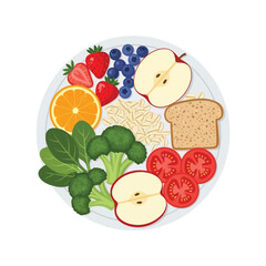 A colorful plate displays a variety of healthy fruits, vegetables, and grains, promoting nutrition.