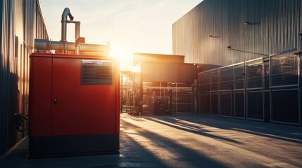 Red Generator Set Near Industrial Buildings at Sunset
