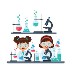 Two young girls in lab coats conduct science experiments with beakers, flasks, microscopes, and colorful liquids, demonstrating curiosity and learning.