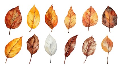 Fototapeta premium Watercolor autumn leaves collection: golden, brown, and beige tones.