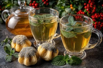 Mint Tea in Glass Cups with Poppy Seed Pastries on Slate, Berries & Foliage Backdrop, Warm Tone, Detailed, Atmospheric