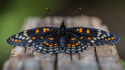 Obraz premium Close-up macro image of a black butterfly with orange and white markings, perched on weathered wood 