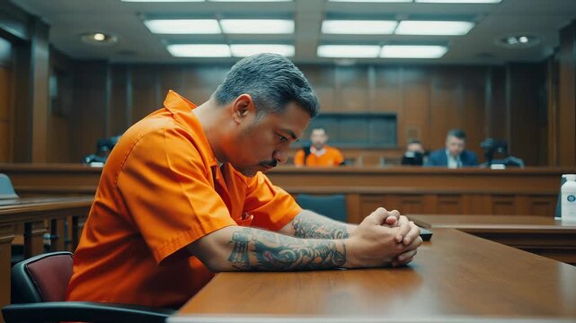 In a solemn courtroom, a middle-aged Hispanic man in an inmate uniform sits quietly, hands clasped and head bowed, as he awaits sentencing. The bench of judge is blurred in the background
