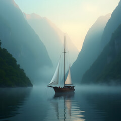 sailboat at sunset, Original name(s): Atmospheric Sailboat in Foggy Mountain Waters.png