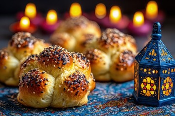 Golden challah bread with sesame seeds and glowing blue lantern on ornate blue textile, warm mood, candles in background, close-up shot