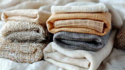 Overlapping neutral fabric swatches in cotton, linen, and muslin textures, captured top-down with visible stitching and soft daylight shadows